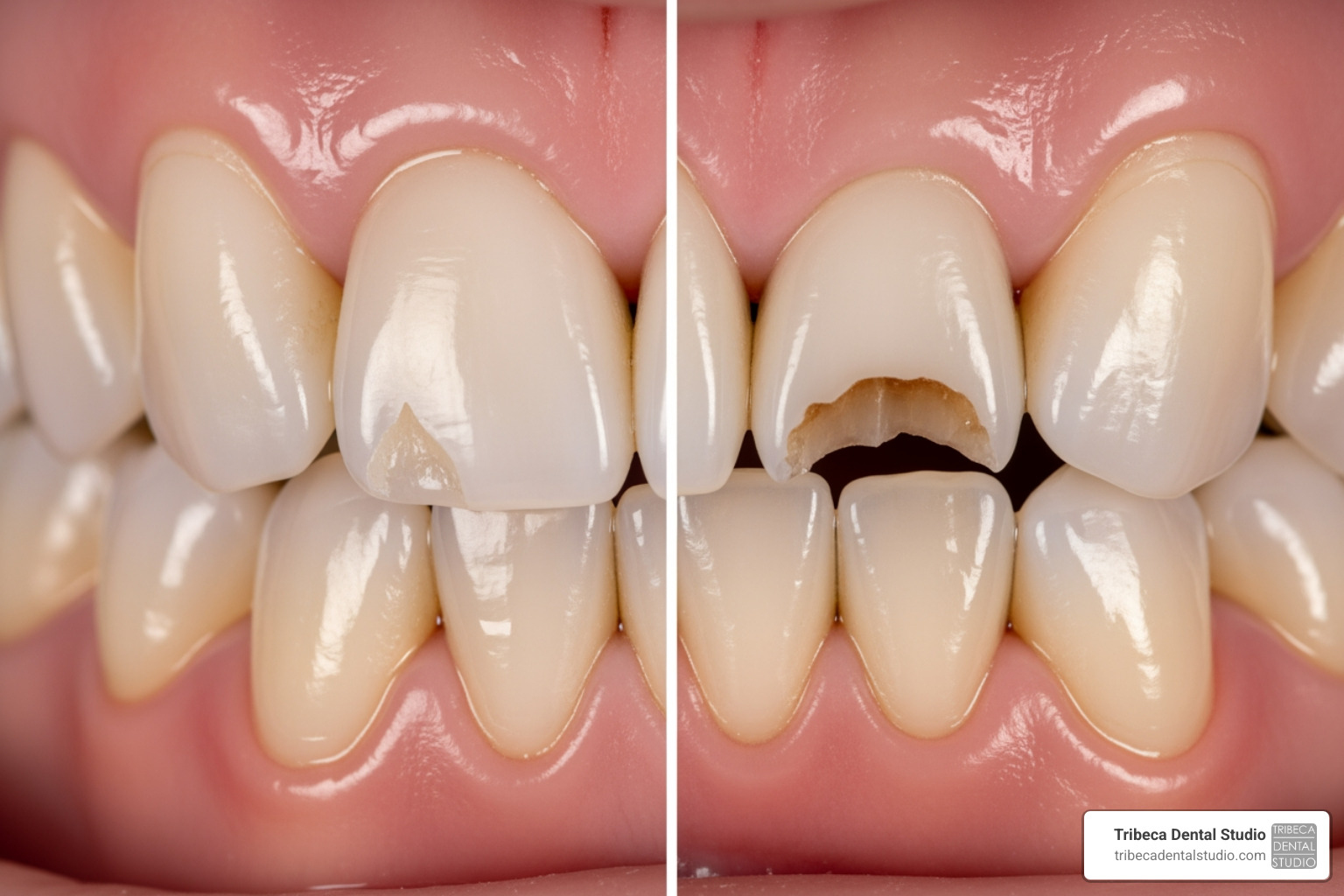 Comparison of a front tooth chip vs a back molar chip highlighting functional differences Comparison of a front tooth chip vs a back molar chip highlighting functional differences