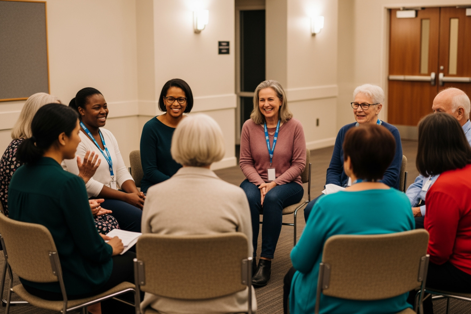 Diverse group of people sitting in a circle of chairs in a community center chatting