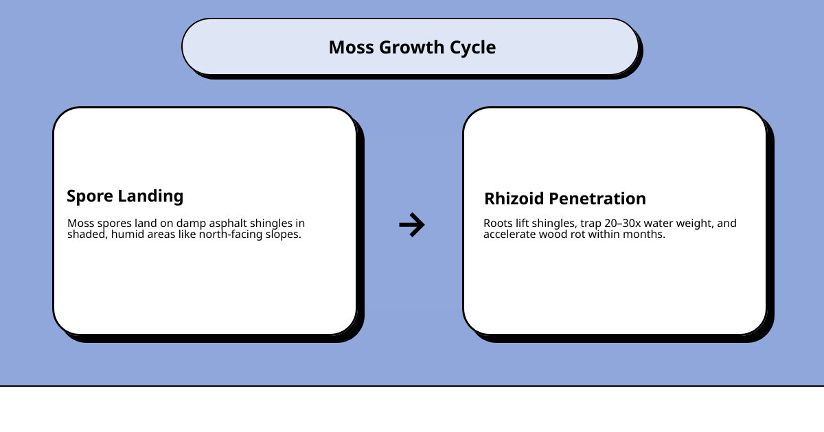 Moss growth cycle on asphalt shingle roofing — spore landing, moisture retention, rhizoid penetration, shingle lifting Moss growth cycle on asphalt shingle roofing — spore landing, moisture retention, rhizoid penetration, shingle lifting