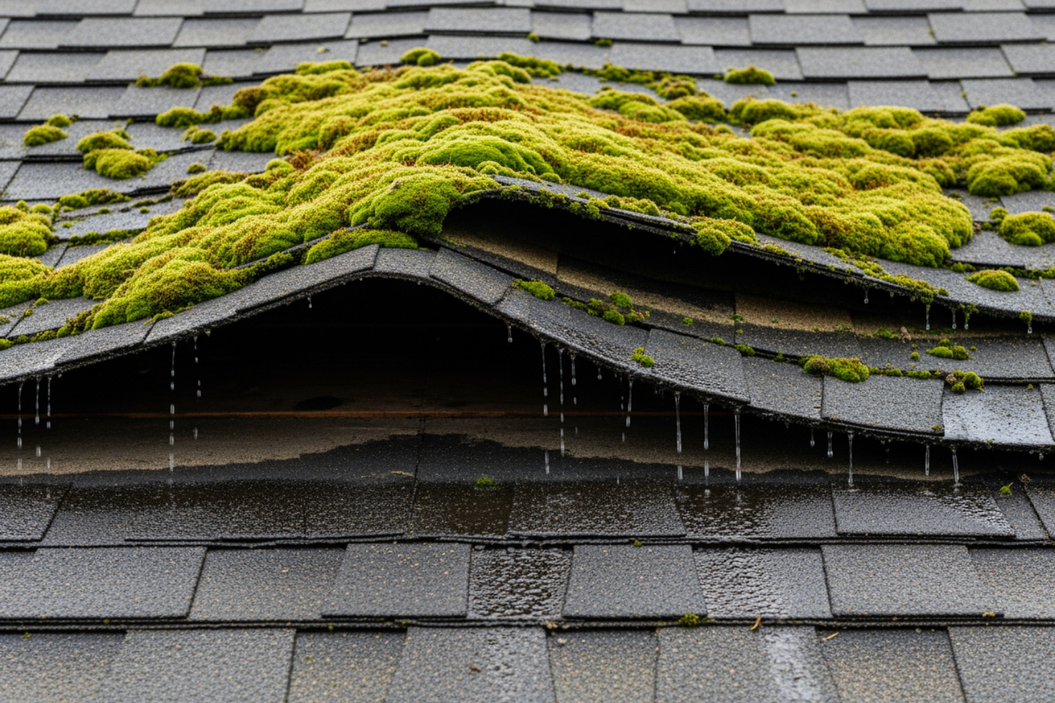 Close-up of lifted asphalt shingles due to thick moss growth and water intrusion Close-up of lifted asphalt shingles due to thick moss growth and water intrusion