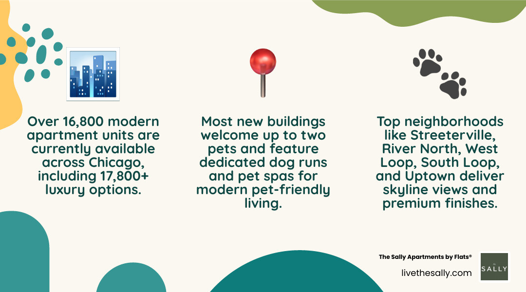 Chicago modern apartment rental guide infographic showing neighborhoods, rent tiers, amenities, and pet policies infographic