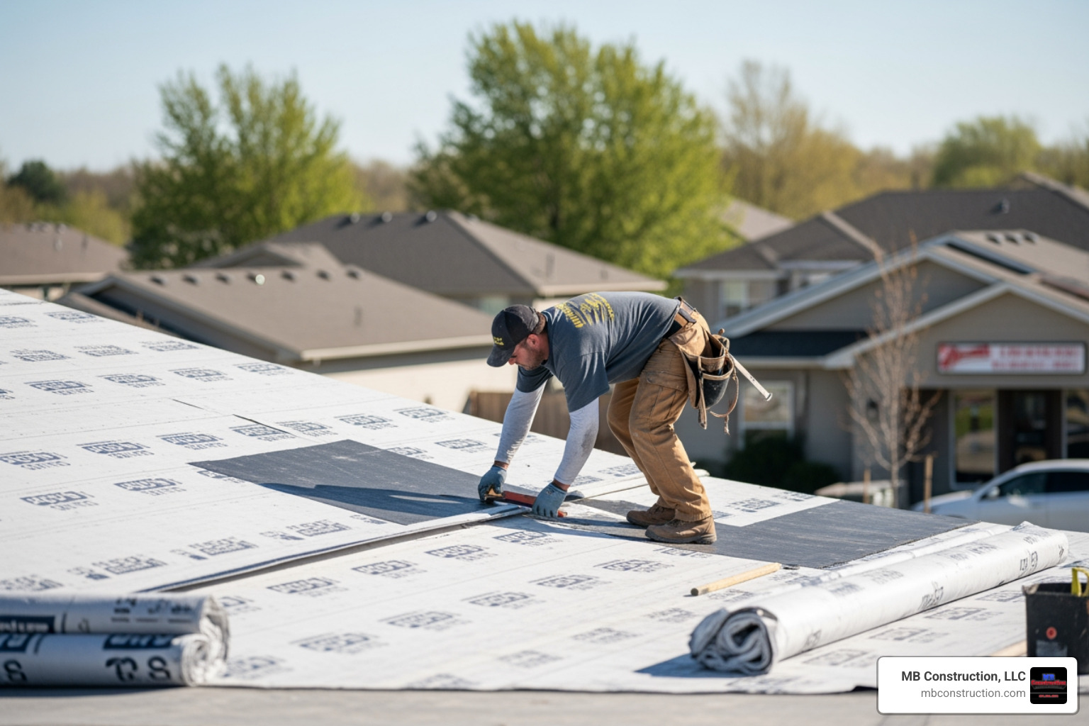 Professional installer applying a waterproof roofing membrane Professional installer applying a waterproof roofing membrane