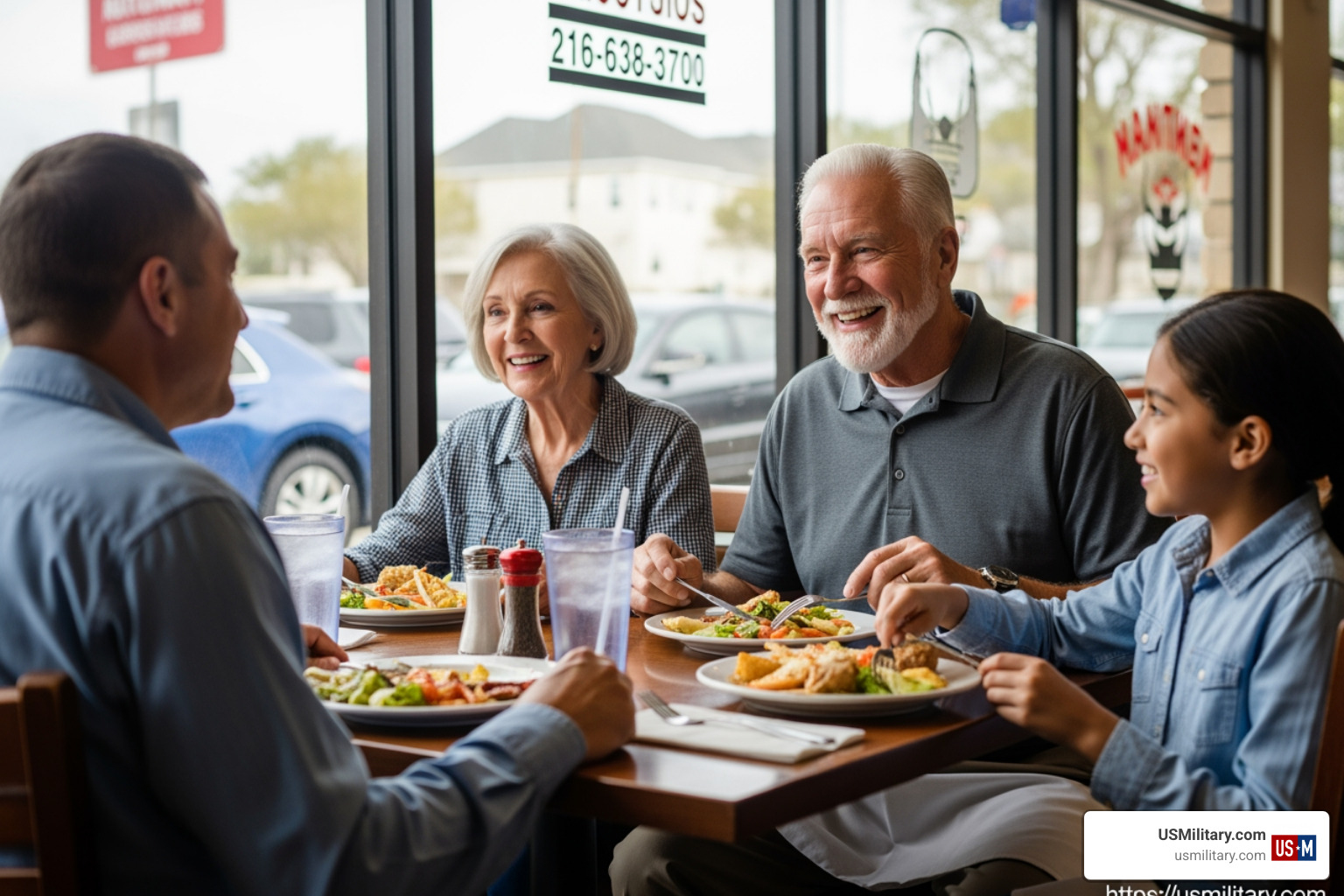 Veteran enjoying a meal with family at a restaurant Veteran enjoying a meal with family at a restaurant