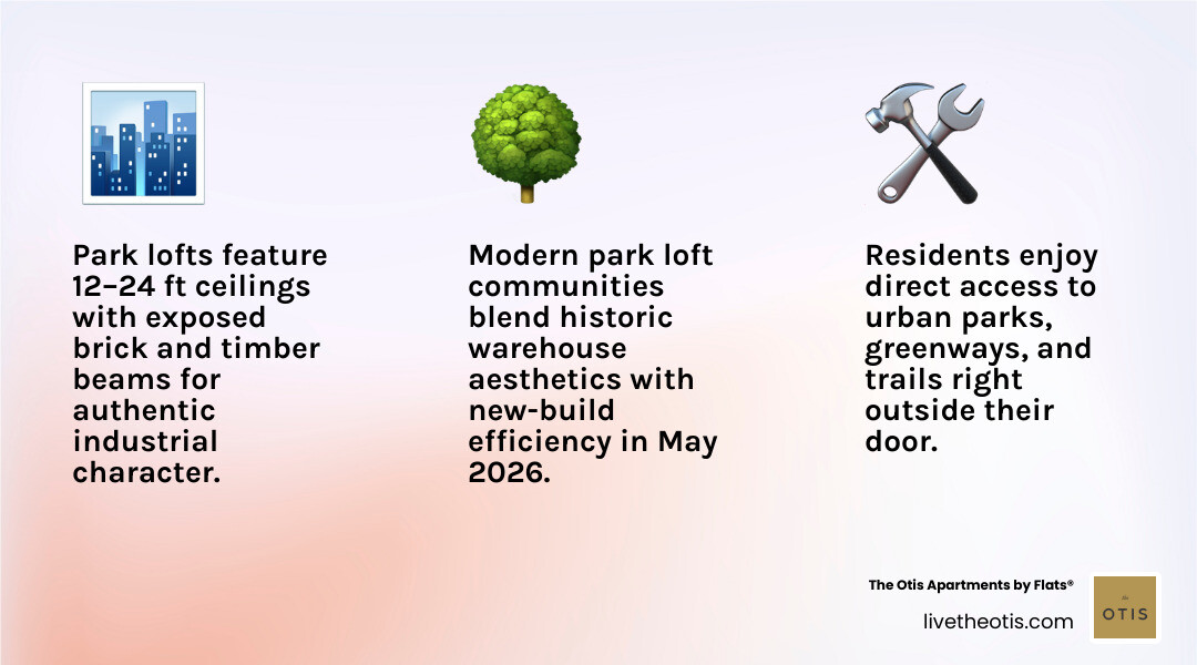 Benefits of park-side loft living: architecture, amenities, location, and lifestyle features infographic