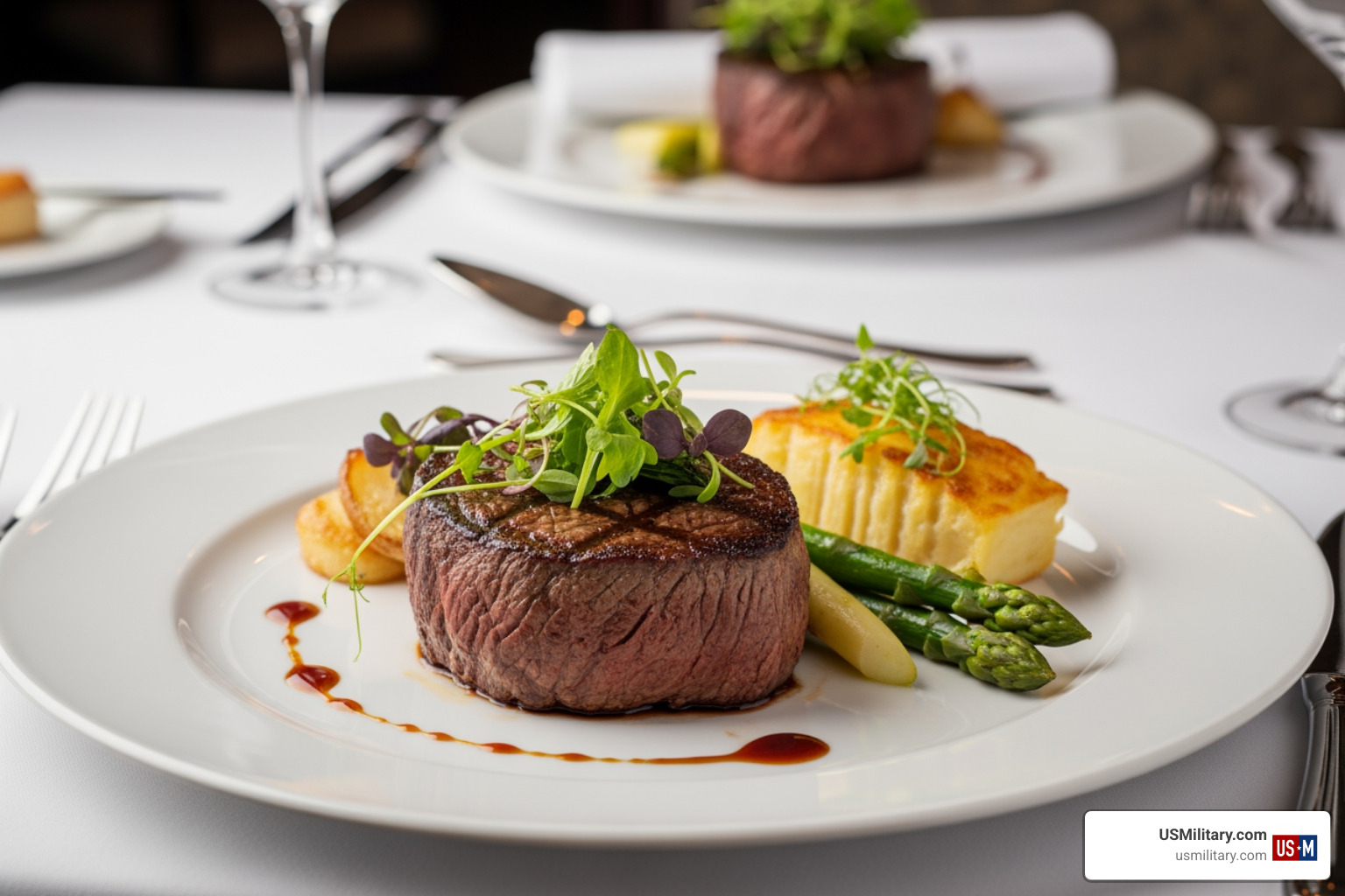 A gourmet steak dinner served at a high-end restaurant A gourmet steak dinner served at a high-end restaurant