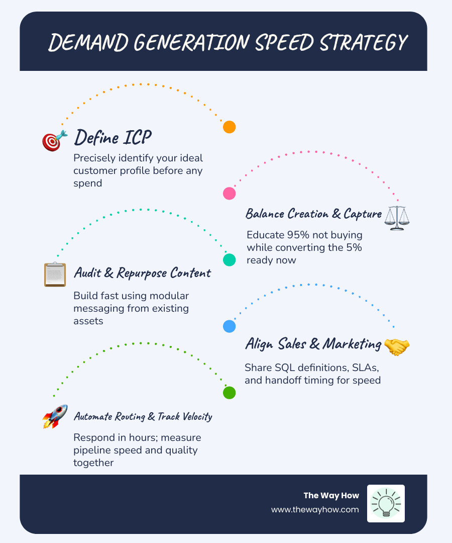 Framework showing demand generation speed strategy components and buyer journey stages infographic