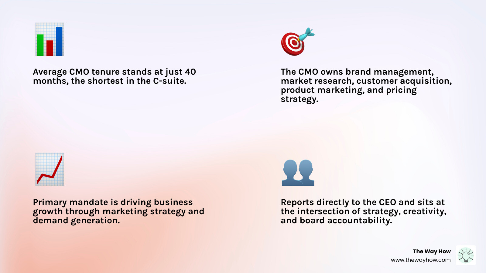 CMO role definition, mandate, reporting structure, and key responsibilities overview infographic