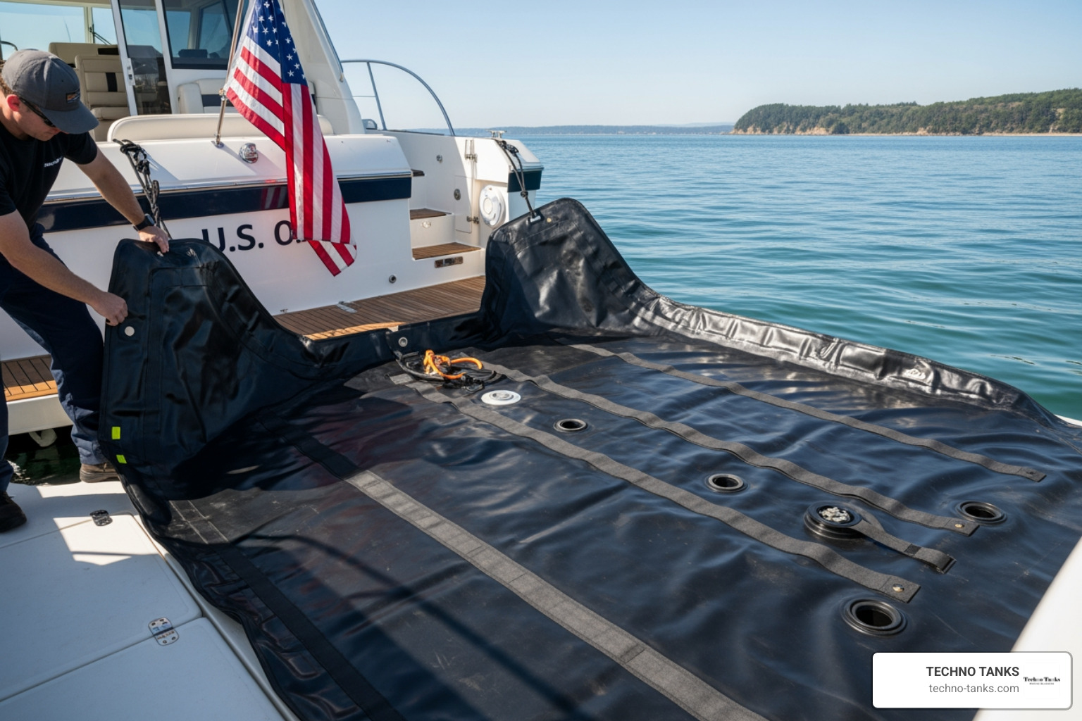 Flexible fuel bladder being deployed on a boat Flexible fuel bladder being deployed on a boat