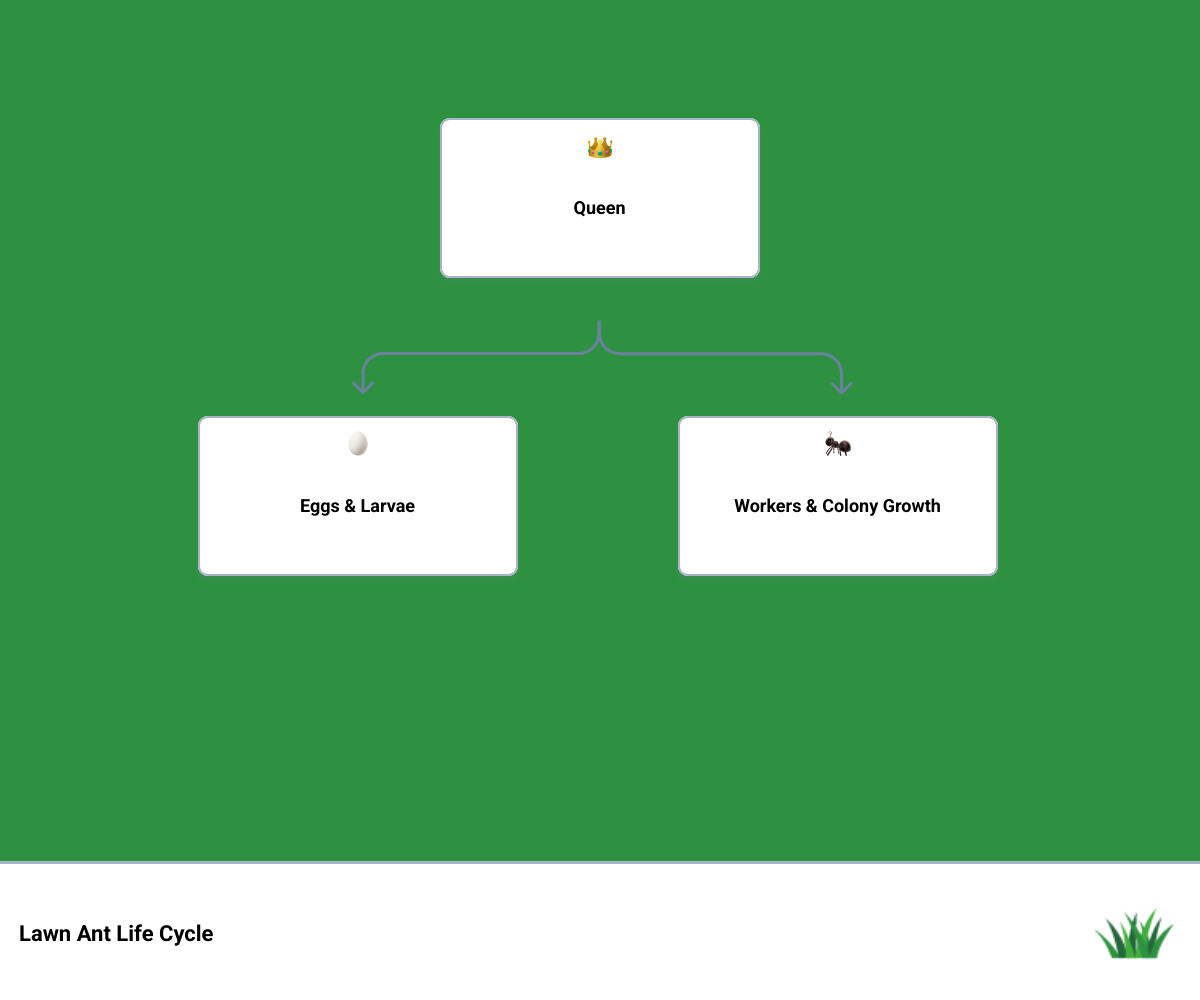 Lawn ant life cycle infographic showing egg, larva, pupa, worker, queen stages and colony growth infographic