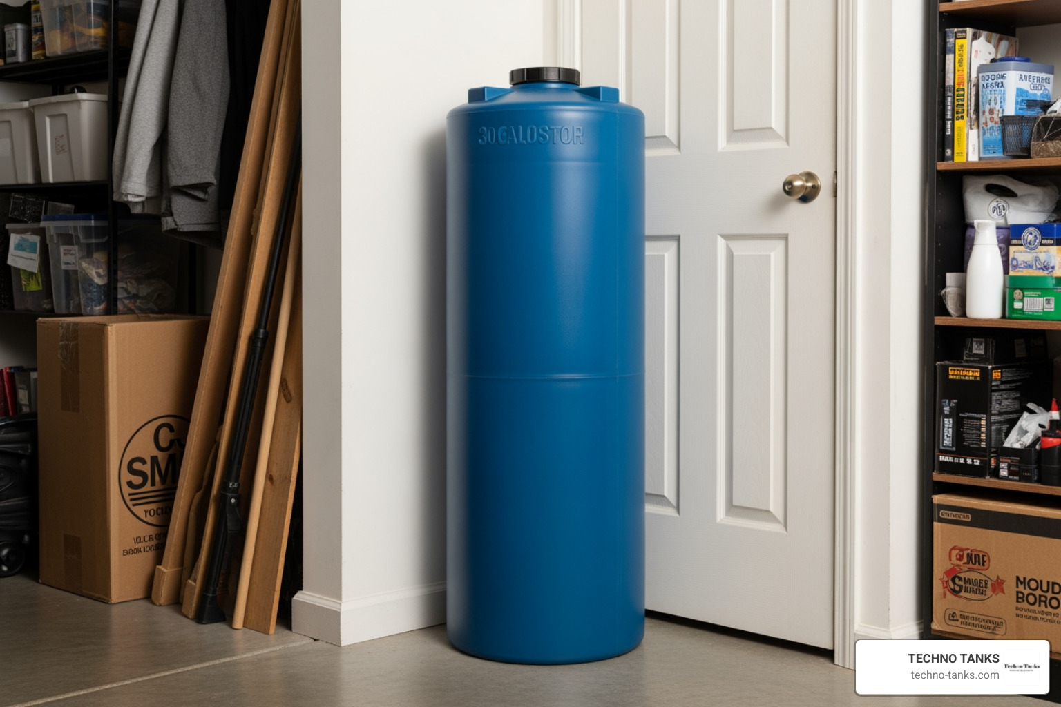Vertical 30-gallon water storage tank in a home garage setup Vertical 30-gallon water storage tank in a home garage setup