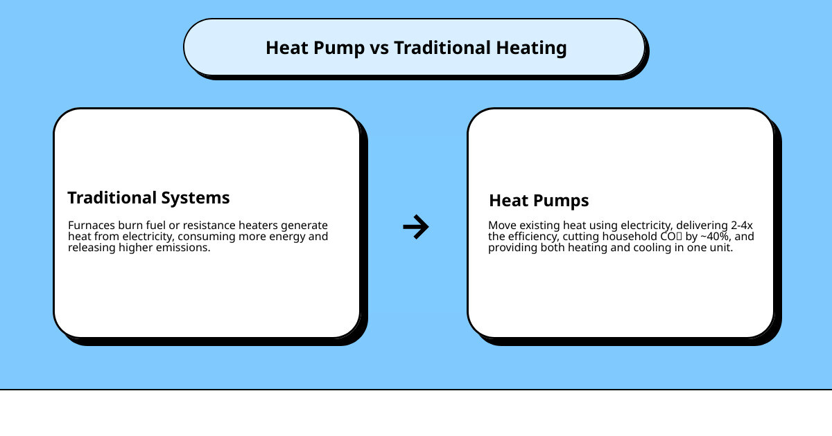 Infographic showing heat pump heat transfer process vs. heat generation in traditional furnaces and resistance heaters