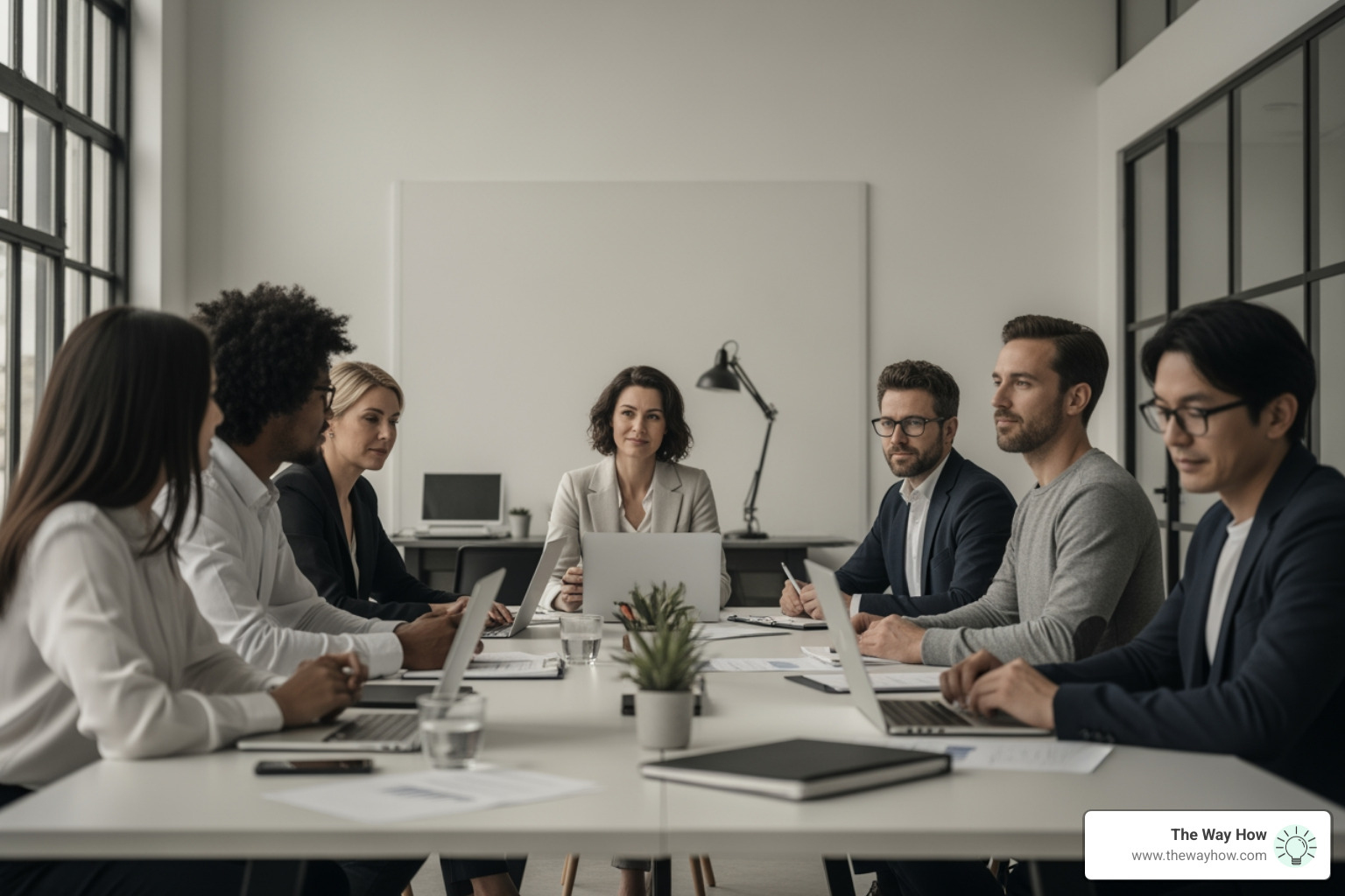 Collaborative leadership team discussing organizational strategy in a modern office