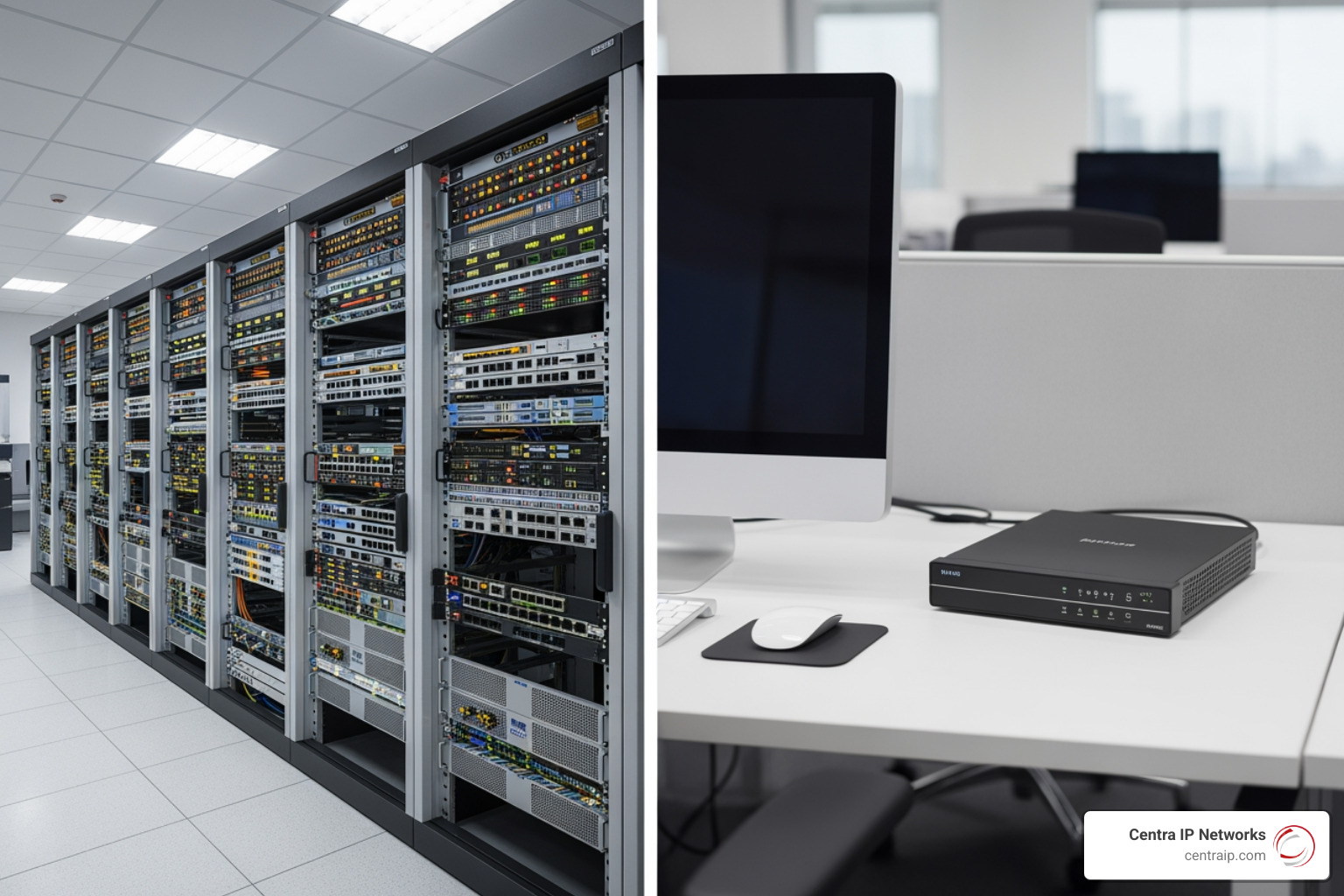 Comparison of a traditional server-room PBX with a compact mini PBX appliance Comparison of a traditional server-room PBX with a compact mini PBX appliance