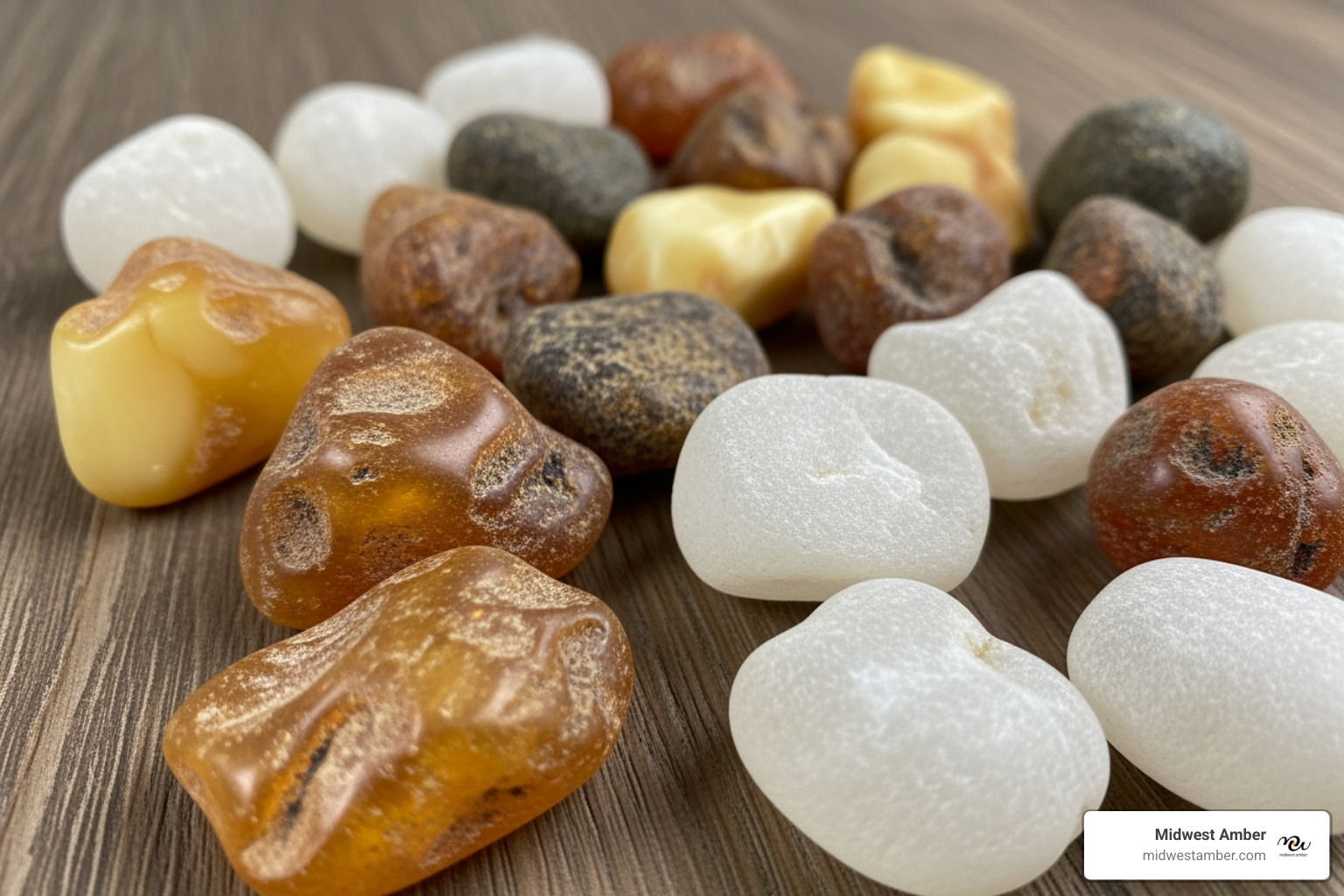 raw butterscotch amber beads and white milky amber specimens from the Baltic Sea