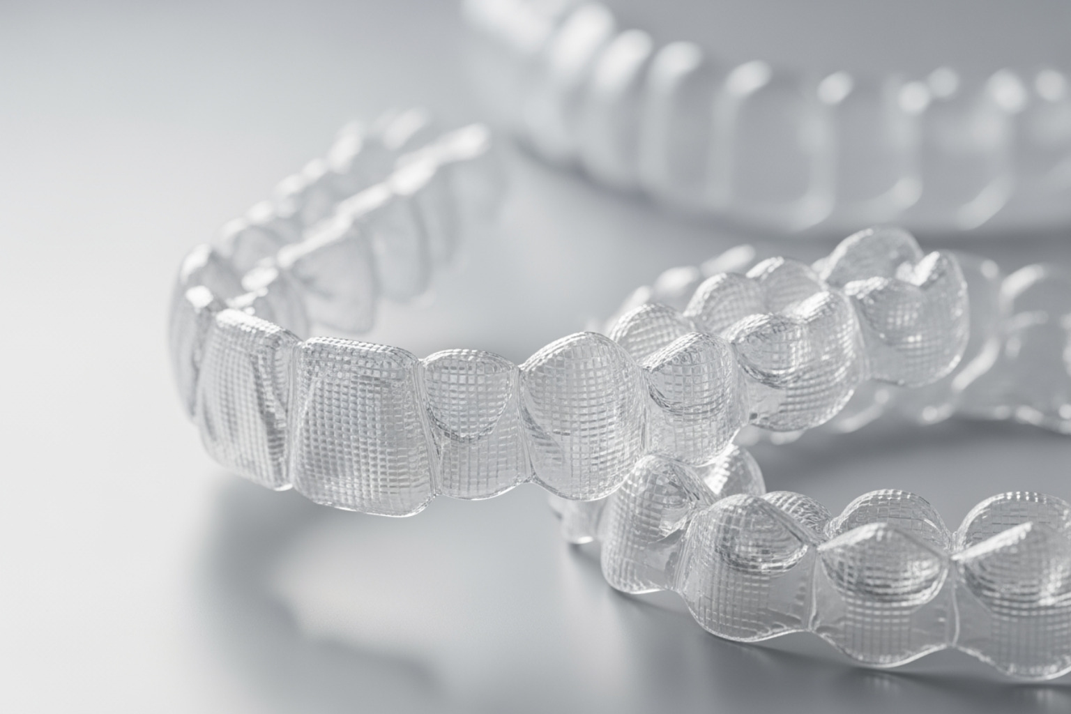 Close up of clear aligner trays showing medical grade plastic detail