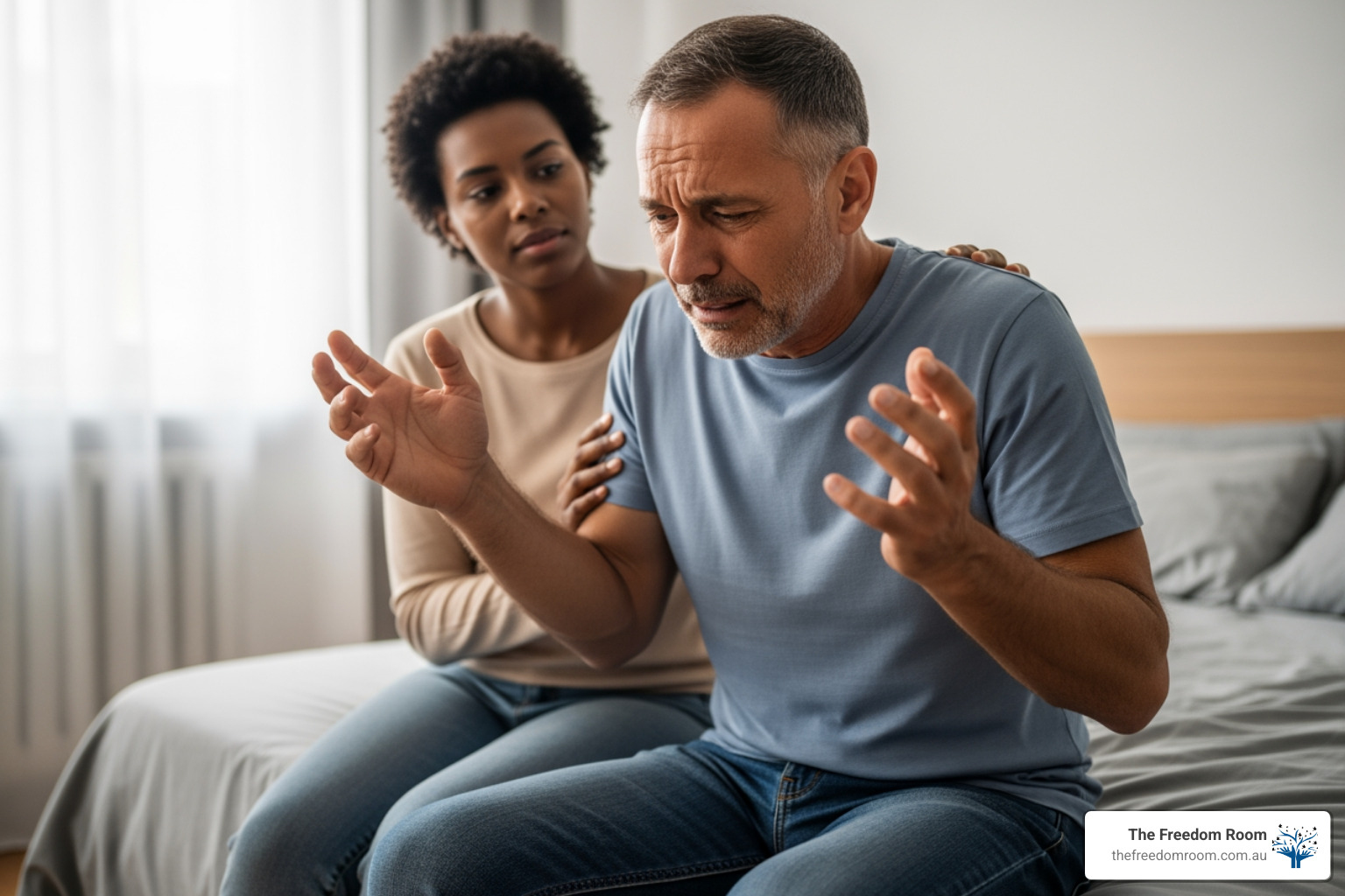 A person experiencing physical tremors and agitation during recovery