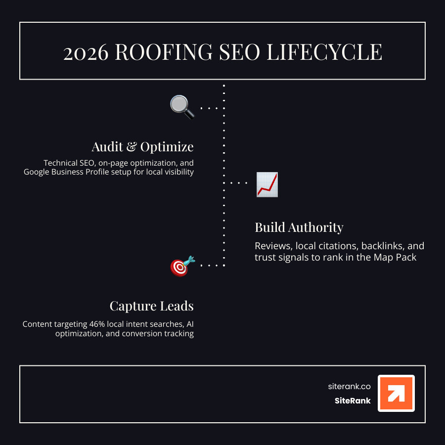 2026 roofing SEO lifecycle: audit, on-page, local SEO, content, reviews, AI optimization, leads infographic 2026 roofing SEO lifecycle: audit, on-page, local SEO, content, reviews, AI optimization, leads infographic