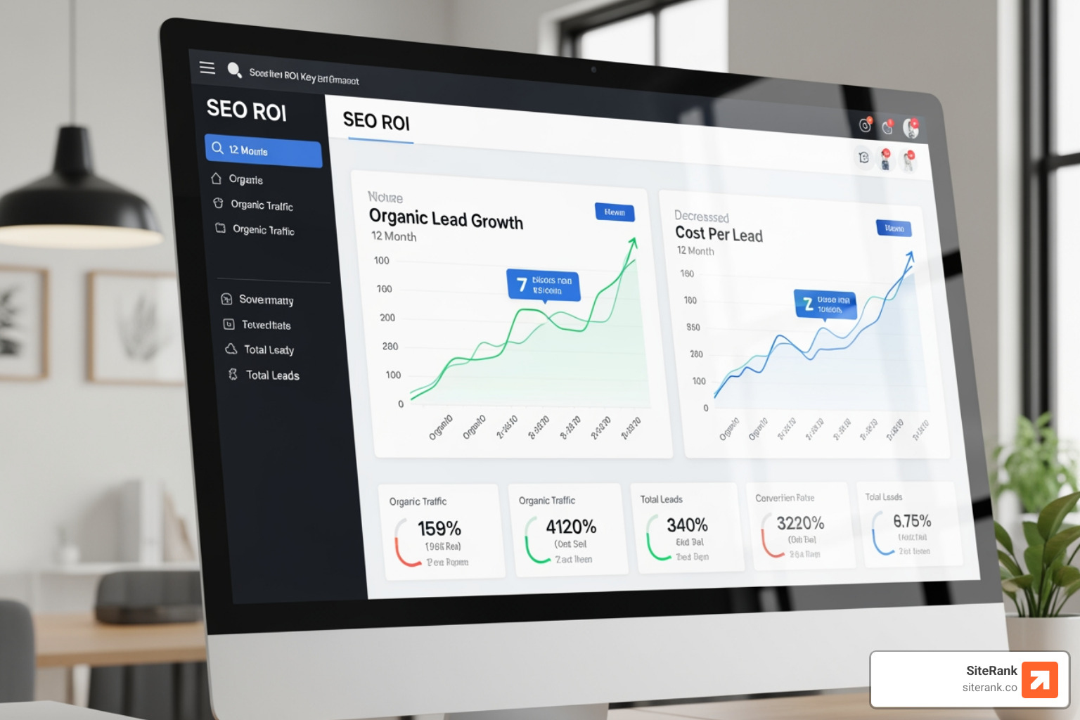 SEO ROI dashboard showing organic lead growth and cost per lead reduction over 12 months SEO ROI dashboard showing organic lead growth and cost per lead reduction over 12 months