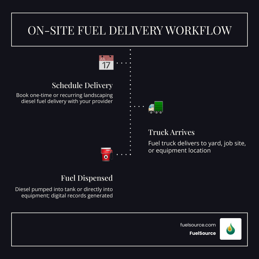 Infographic showing on-site fuel delivery workflow: schedule delivery, truck arrives on site, fuel pumped to tank or