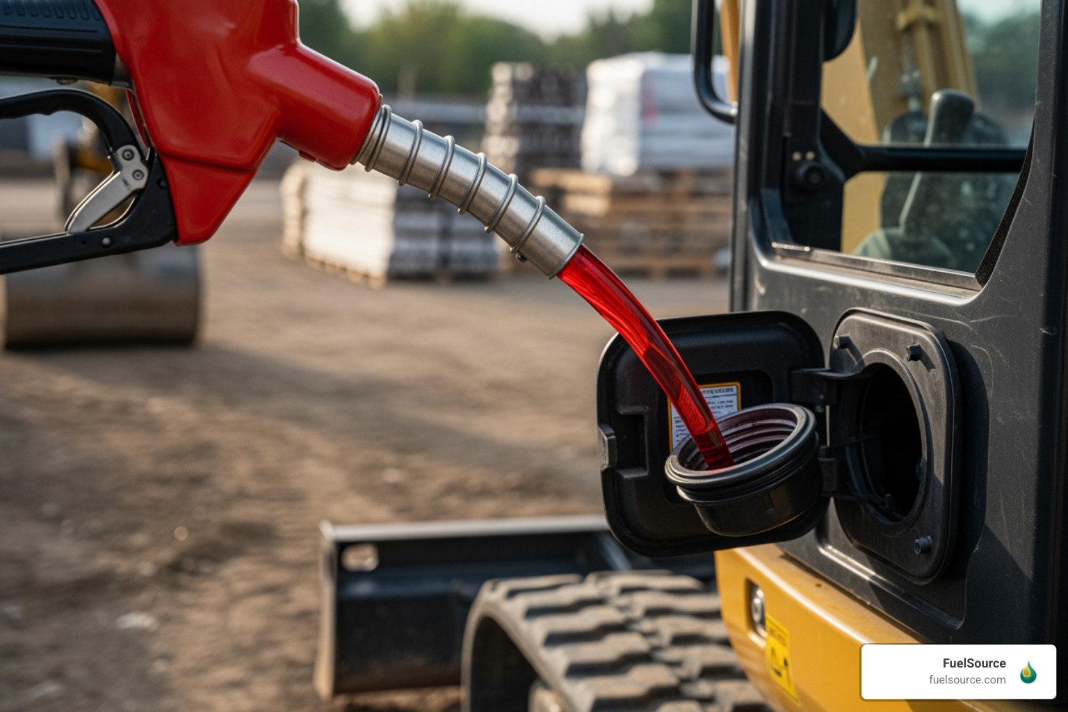 Red-dyed diesel being dispensed into a compact excavator