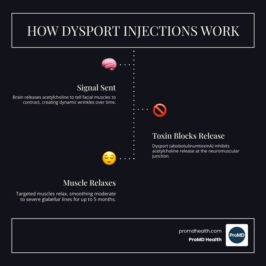 How Dysport blocks nerve signals at the neuromuscular junction to relax muscles and smooth wrinkles infographic How Dysport blocks nerve signals at the neuromuscular junction to relax muscles and smooth wrinkles infographic