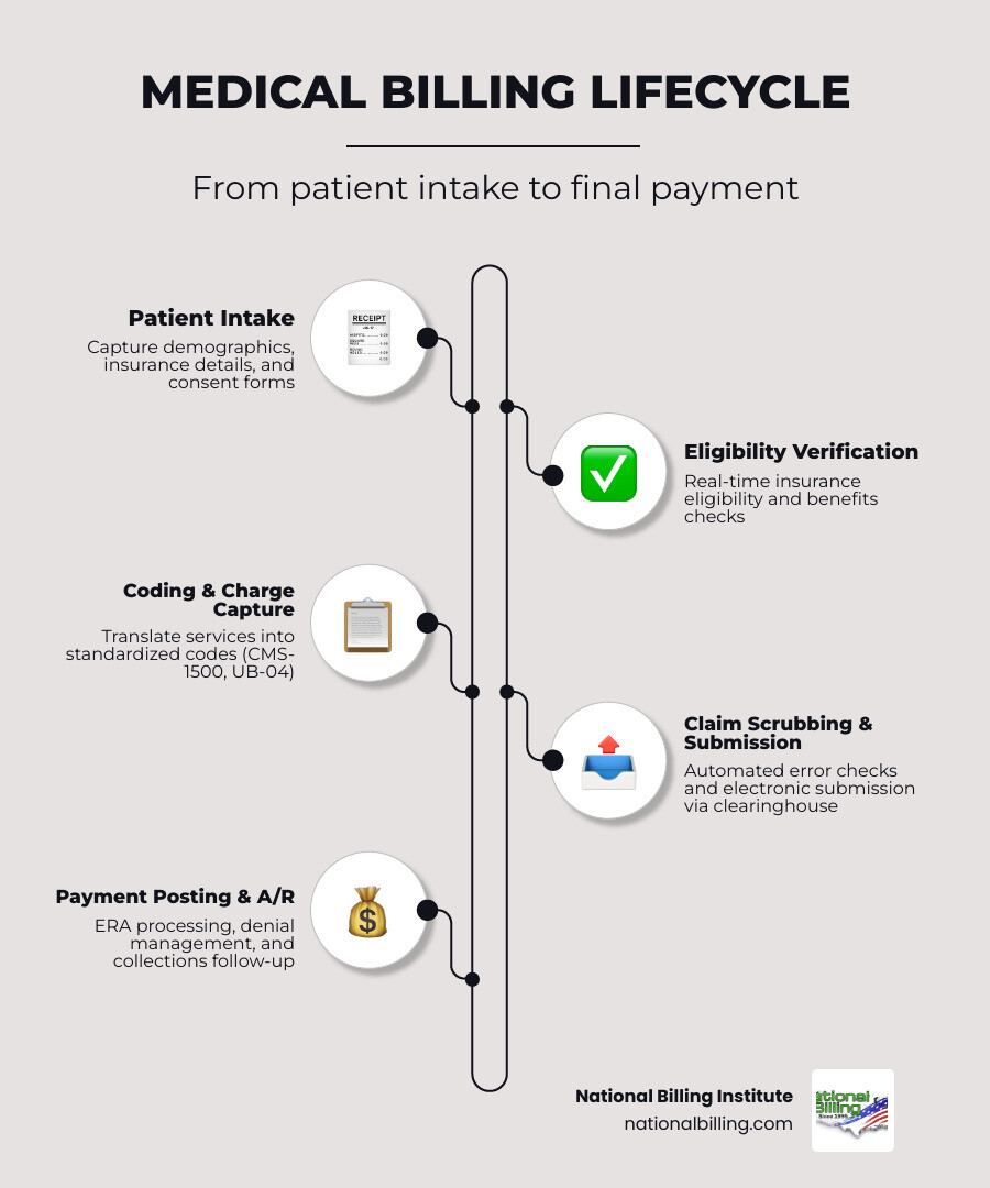 Medical billing lifecycle from patient intake to insurance payment to final collection infographic Medical billing lifecycle from patient intake to insurance payment to final collection infographic