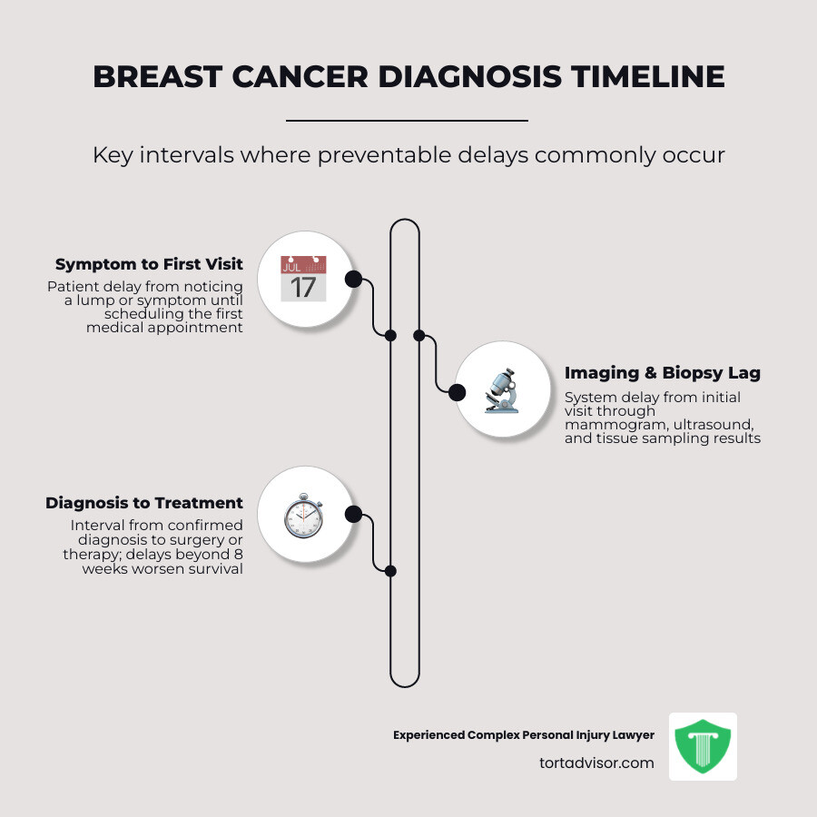 Timeline showing breast cancer diagnosis stages, delays, and survival outcomes infographic Timeline showing breast cancer diagnosis stages, delays, and survival outcomes infographic