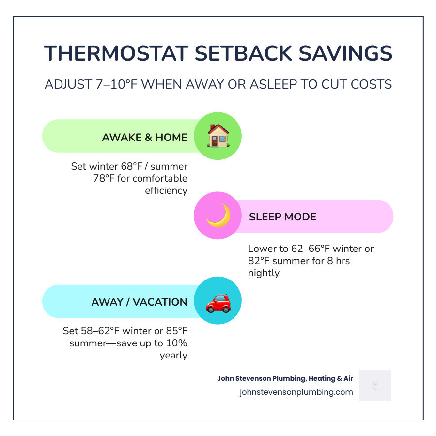 Ideal thermostat settings by season and schedule infographic showing winter, summer, sleep, and away temperatures infographic