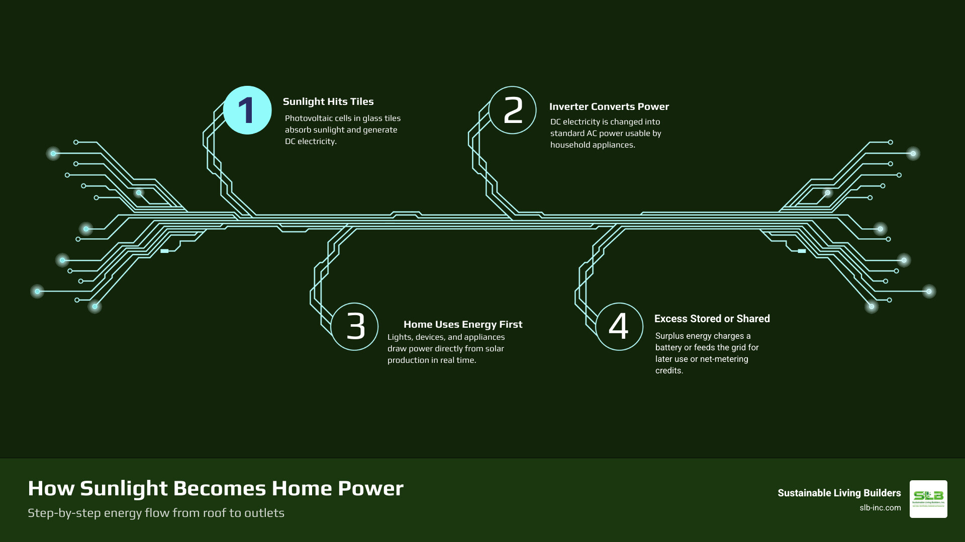 Infographic showing sunlight-to-electricity flow: PV tiles, inverter, home loads, Powerwall, and utility grid infographic Infographic showing sunlight-to-electricity flow: PV tiles, inverter, home loads, Powerwall, and utility grid infographic