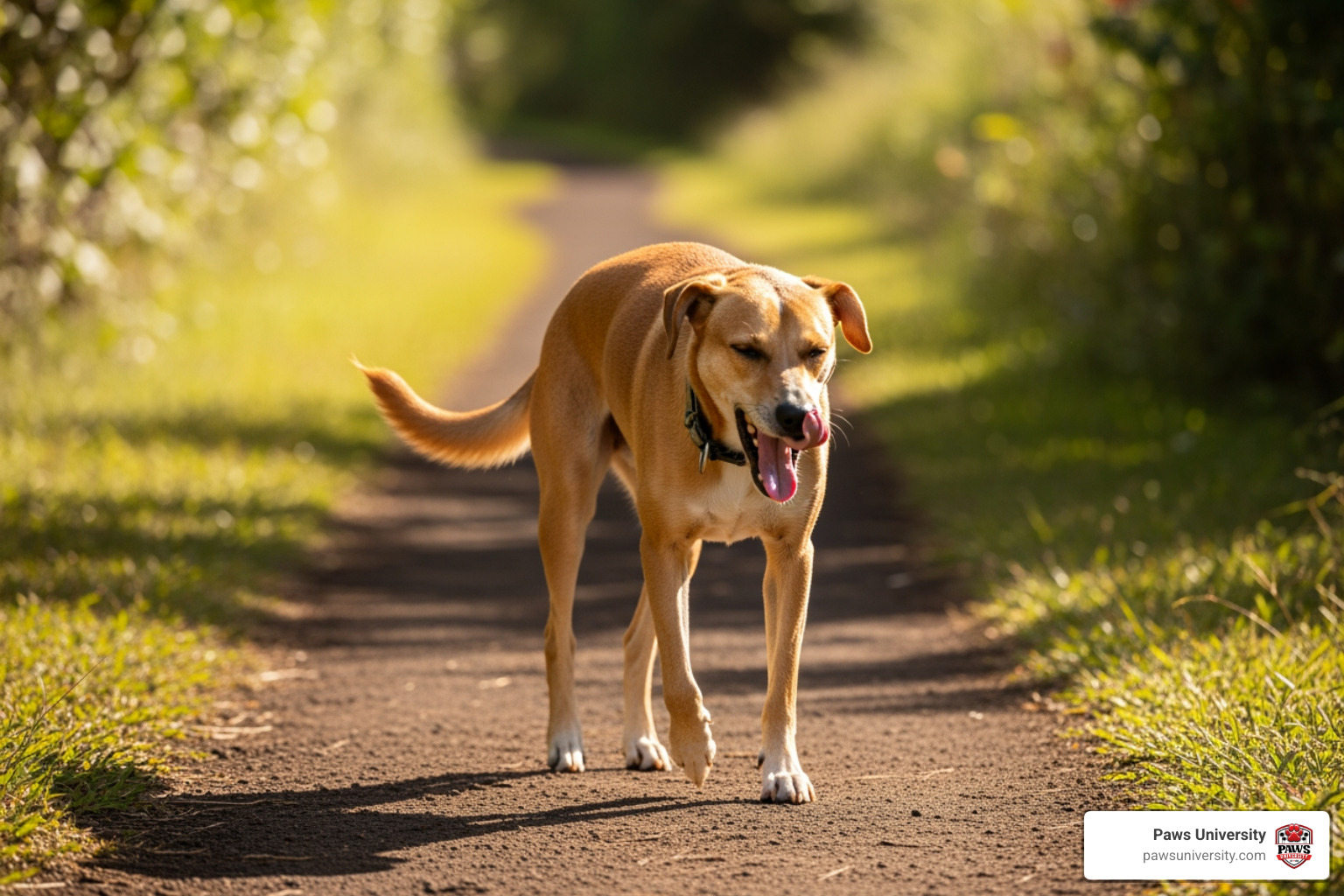 dog showing subtle stress signals on tropical path in Hawaii County dog showing subtle stress signals on tropical path in Hawaii County