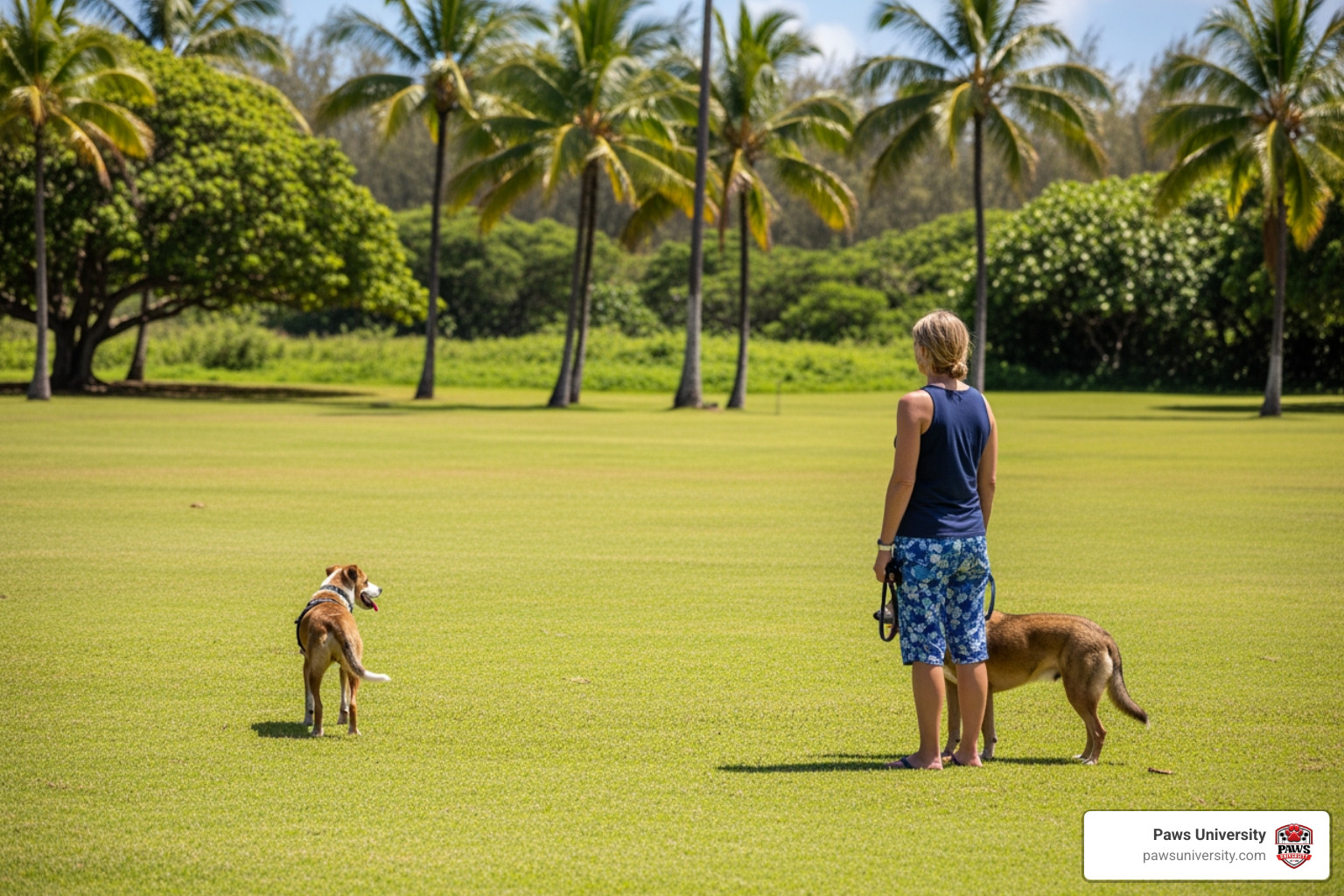 handler and dog at distance from distraction on wide Hawaii field handler and dog at distance from distraction on wide Hawaii field