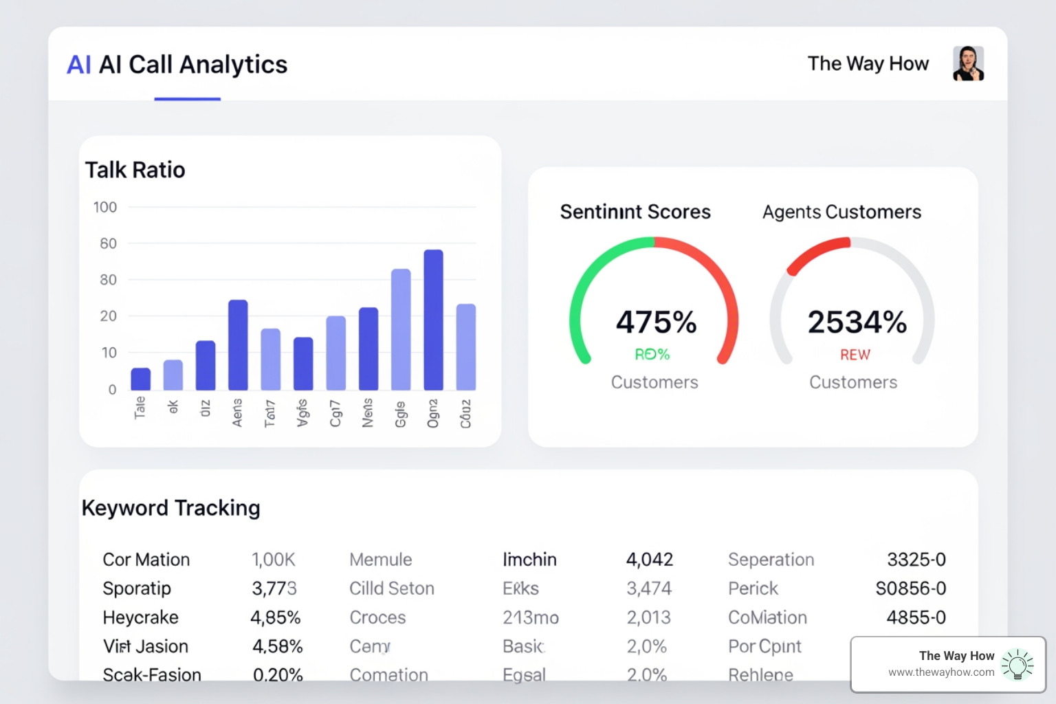 AI call analysis dashboard showing talk ratios, sentiment analysis, and keyword tracking