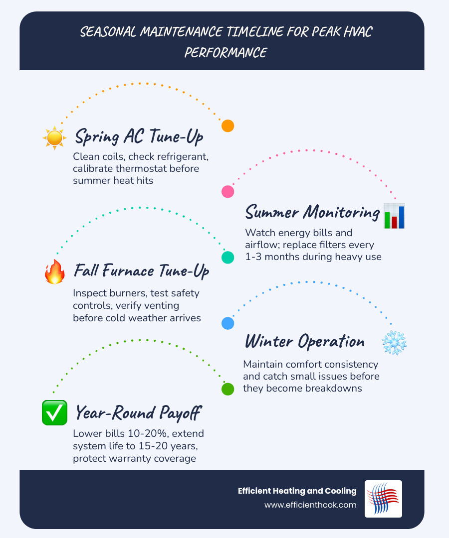 Infographic showing spring AC tune-up and fall furnace tune-up maintenance timeline with key benefits infographic