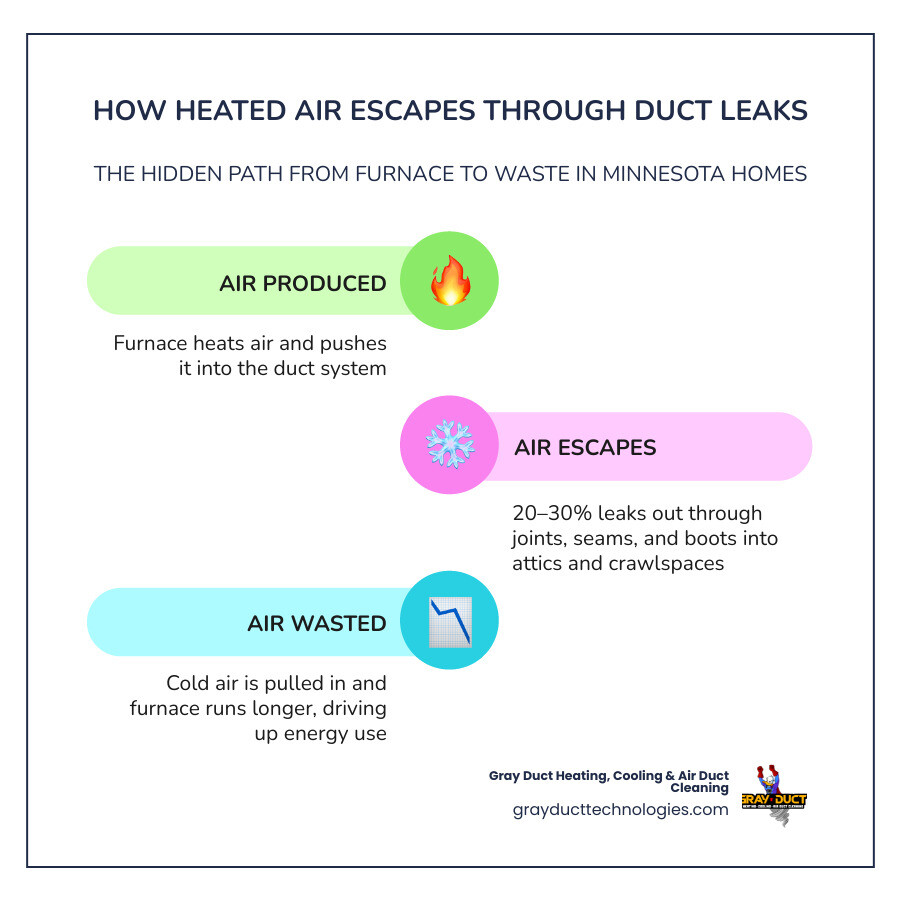 Infographic showing how heated air escapes through duct leaks before reaching living spaces in winter