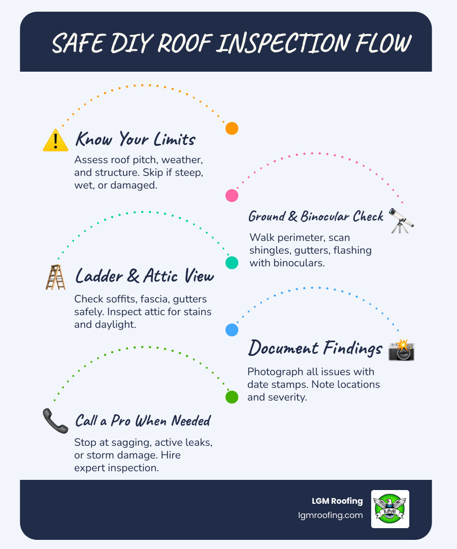 infographic showing safe DIY roof inspection flow from ground check to attic to when to call a pro infographic infographic showing safe DIY roof inspection flow from ground check to attic to when to call a pro infographic
