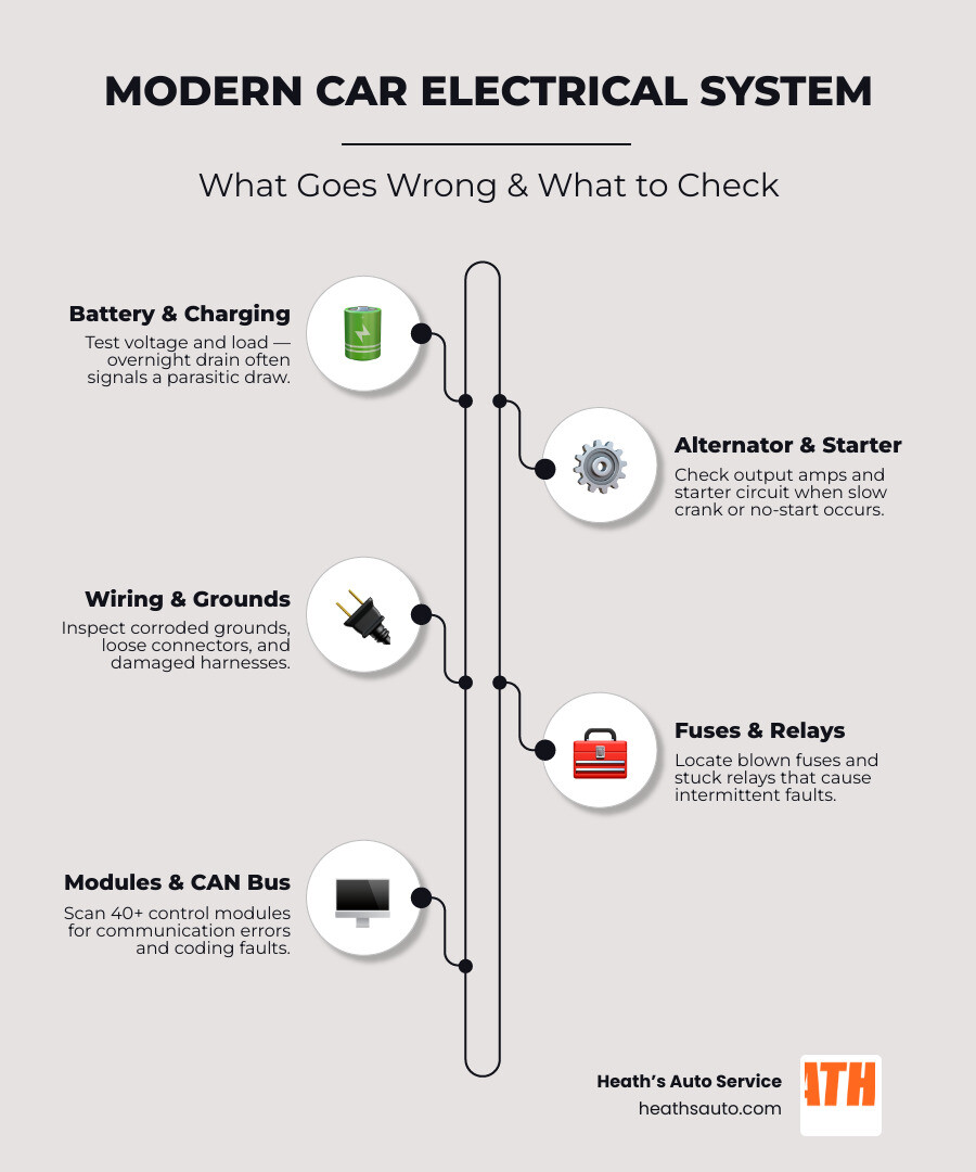 Infographic showing key components of a modern vehicle electrical system and what to look for in a repair shop infographic Infographic showing key components of a modern vehicle electrical system and what to look for in a repair shop infographic