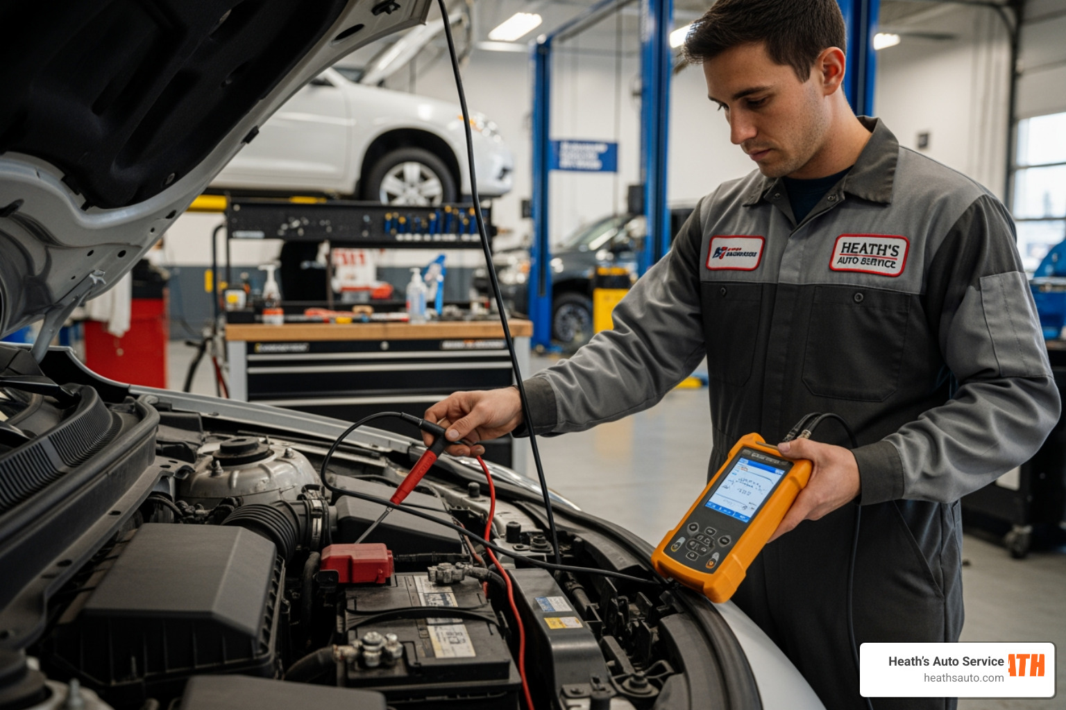 Technician performing a battery load test on a modern vehicle Technician performing a battery load test on a modern vehicle