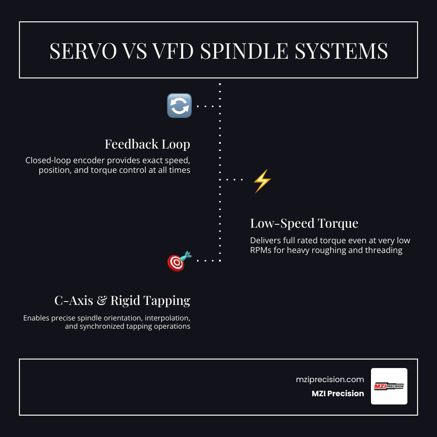 Infographic comparing servo spindle system vs VFD induction spindle system: feedback loop, torque at low speed, C-axis Infographic comparing servo spindle system vs VFD induction spindle system: feedback loop, torque at low speed, C-axis