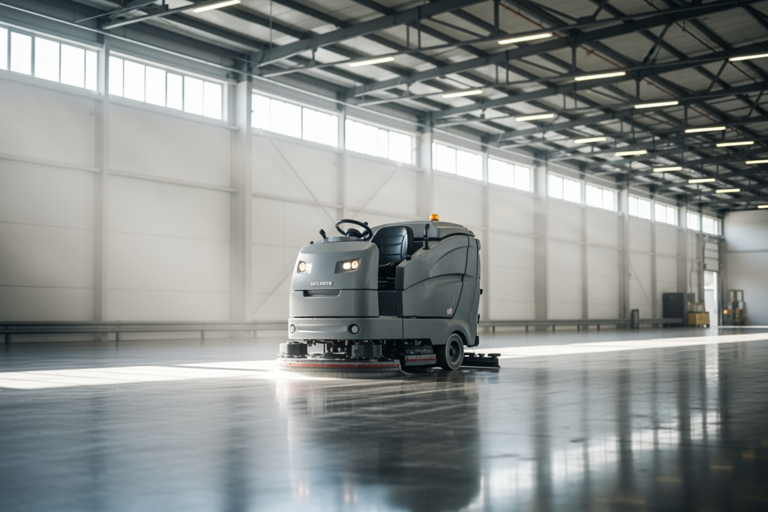 modern industrial floor scrubber in a clean warehouse environment