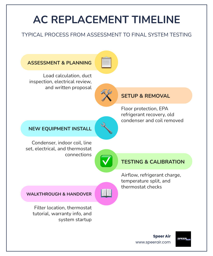 AC replacement timeline infographic showing steps from assessment to final walkthrough with durations infographic AC replacement timeline infographic showing steps from assessment to final walkthrough with durations infographic