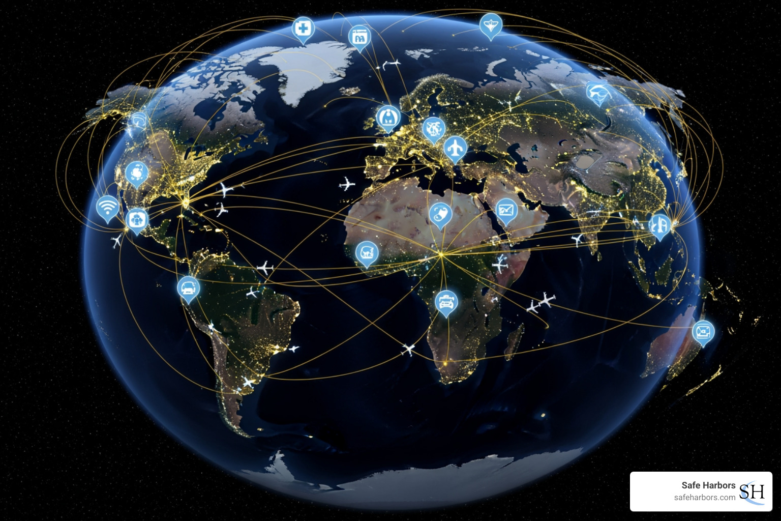 World map with global flight paths and traveler support network