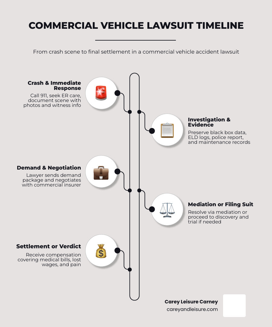 Commercial vehicle accident lawsuit claim timeline from crash to settlement infographic infographic Commercial vehicle accident lawsuit claim timeline from crash to settlement infographic infographic