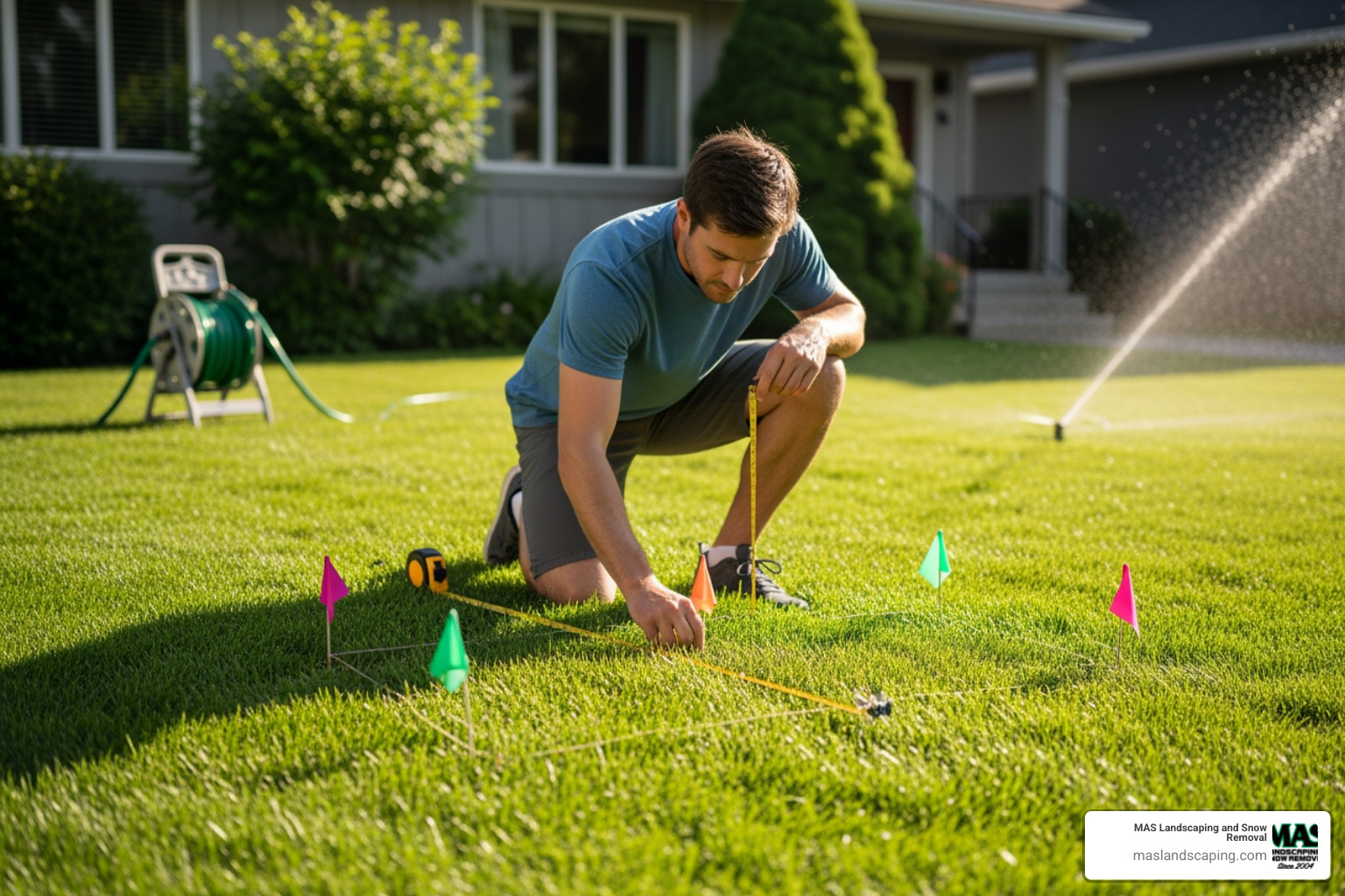 homeowner mapping sprinkler zone with flags in yard