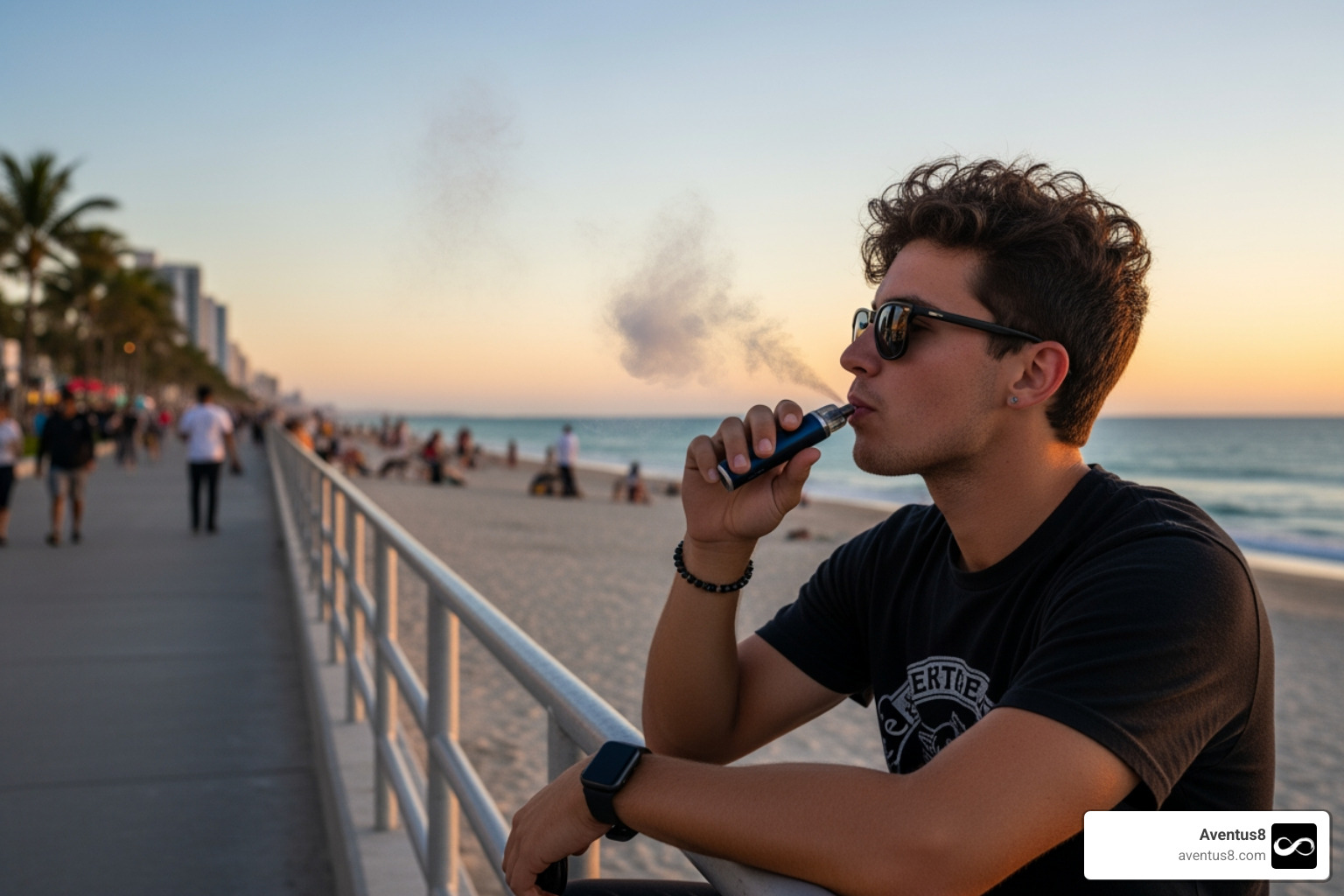 A vaper enjoying a long session at the Hollywood FL boardwalk during sunset