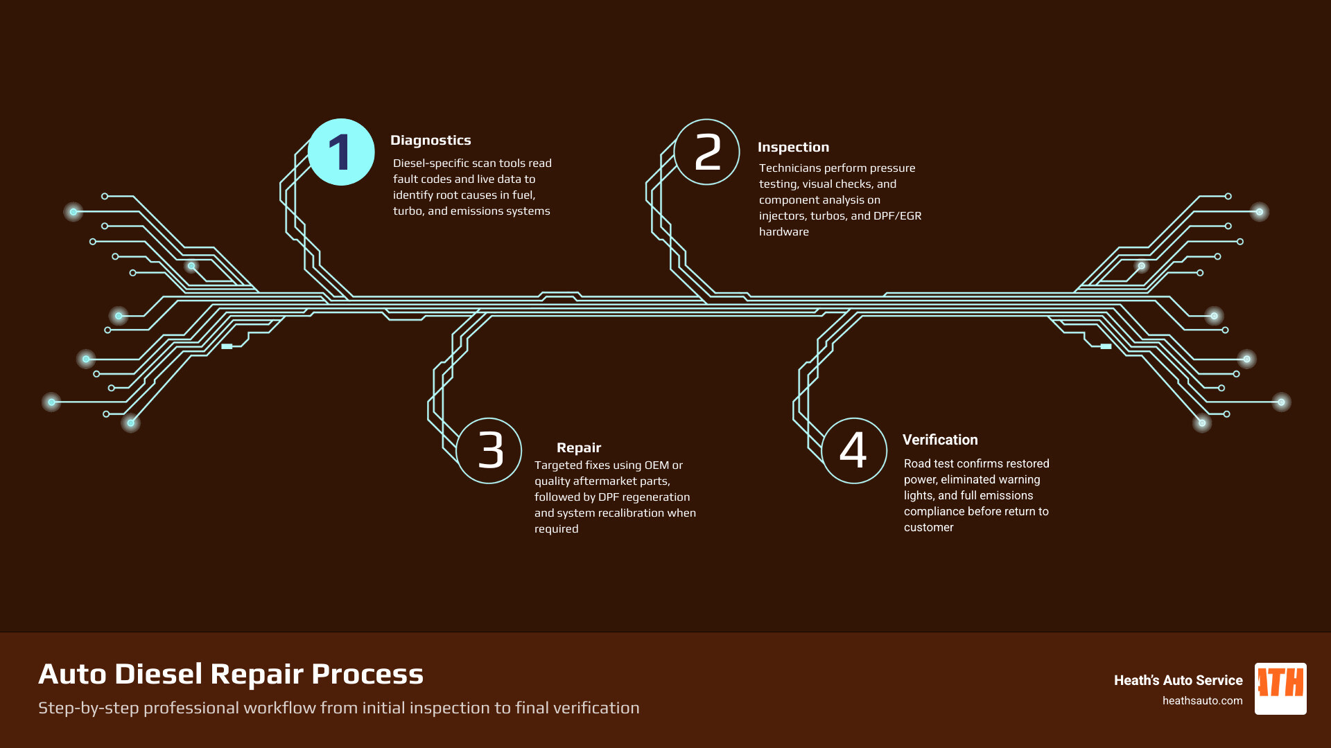Infographic showing the auto diesel repair process from diagnosis to road test with key service categories infographic Infographic showing the auto diesel repair process from diagnosis to road test with key service categories infographic