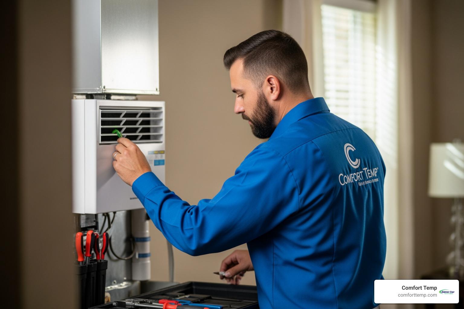 Technician in a blue uniform inspecting a whole-home air purification system in Gainesville Technician in a blue uniform inspecting a whole-home air purification system in Gainesville
