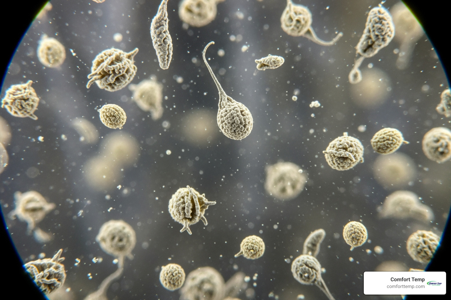Microscopic view of mold spores and pollen particles affecting Gainesville air Microscopic view of mold spores and pollen particles affecting Gainesville air