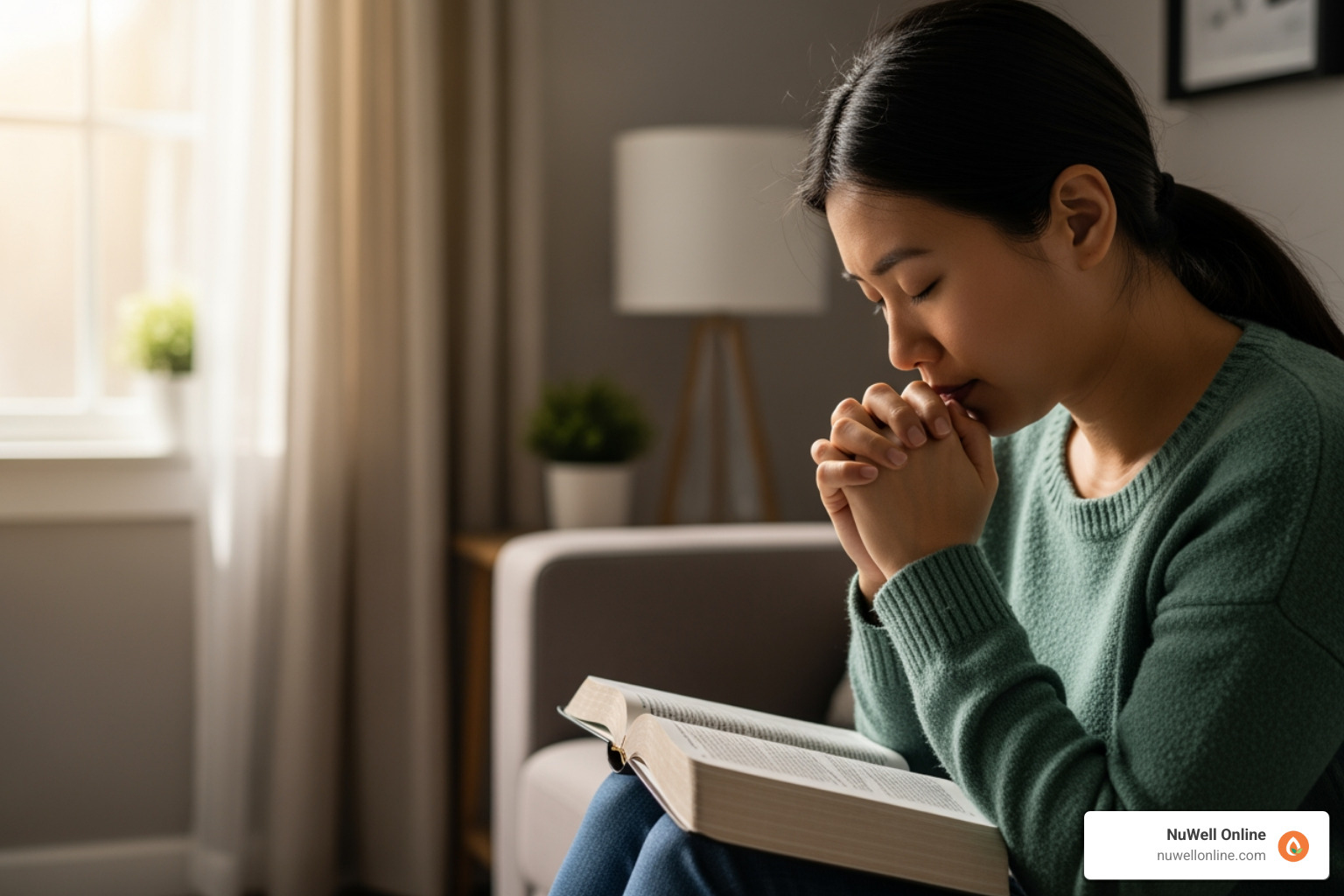 A person in deep reflection, seeking discernment through prayer and Scripture