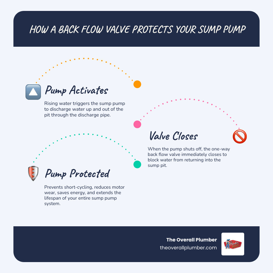 Infographic showing how a sump pump check valve stops water from flowing back into the pit infographic Infographic showing how a sump pump check valve stops water from flowing back into the pit infographic