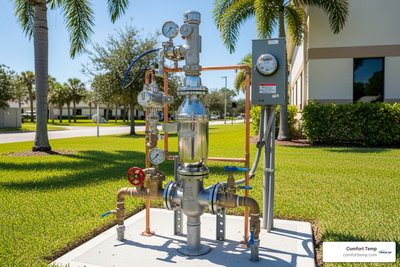 A backflow preventer assembly installed near a water meter on a commercial property in Florida A backflow preventer assembly installed near a water meter on a commercial property in Florida